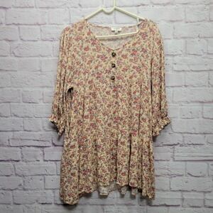Umgee Babydoll Mini Tunic Dress Sz S Tiered V-Neck Ruffle Sleeve‎ Boho Floral